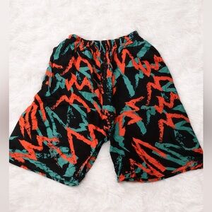 Women’s Abstract Print High-Waisted Shorts | Black Red Teal | Large